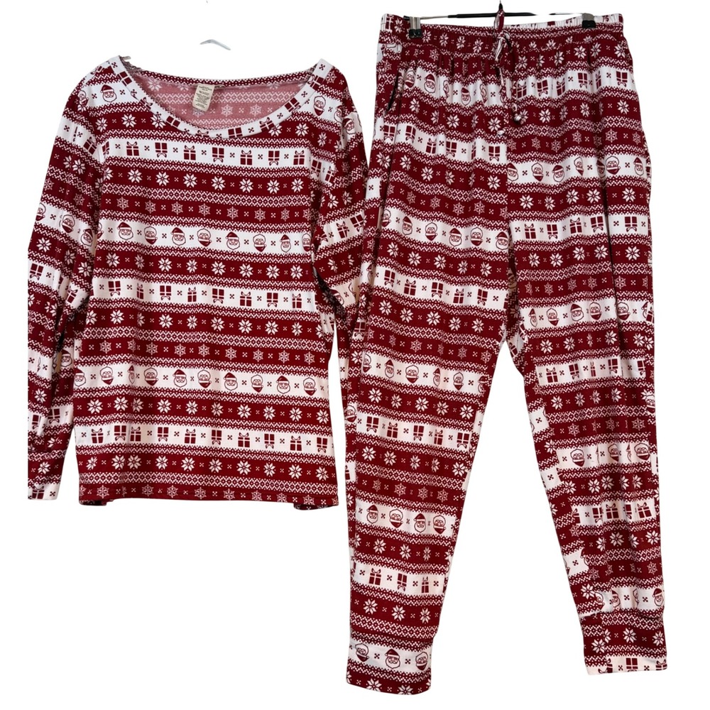 Shosho Womens 3X Pajama Set Red White Christmas Santa Fair Isle Sleepware Lounge